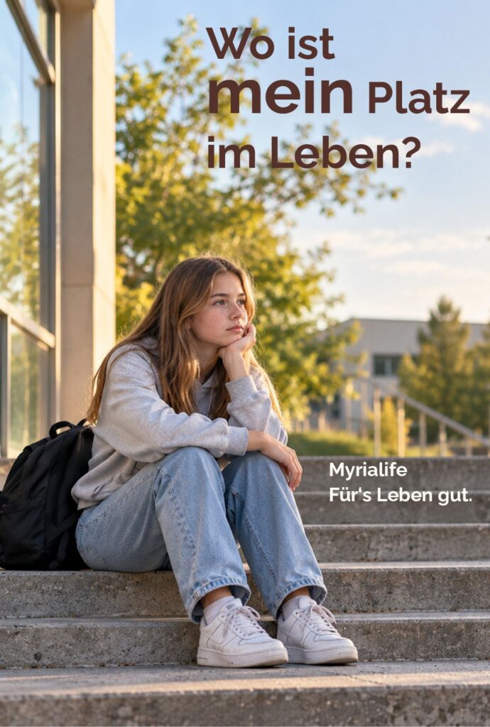 Bild einer nachdenklichen Jugenlichen auf einer Treppe sitzend – Sinnbild für Lehrstellenbörse und die Frage, wo ist mein Platz im Leben?